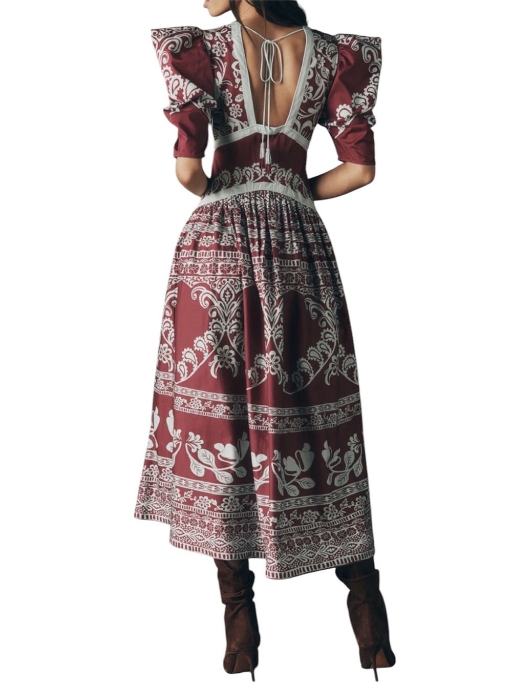FARM RIO NWT Printed V Neck Puff Sleeve Maxi Dress Size Small in Purple Plum - Picture 9 of 14